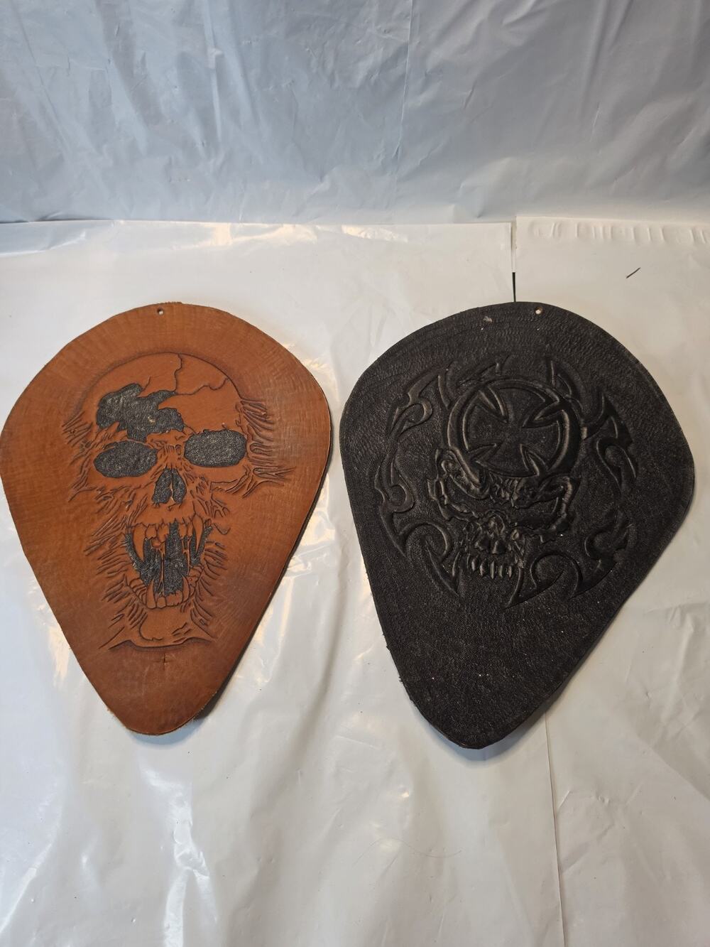 2 , 100% Hand Tooled Leather Tops For Chopper, Bobber Harley Seat Face Skull